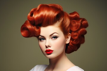 Elegant woman with bold retro hairstyle and vibrant red hair against a neutral background