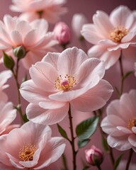Abstract pink glass flowers and gemstones with rose gold background 
