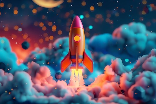 A colorful 3D rocket in cartoon style, soaring through space with the moon in sight. The scene is filled with twinkling stars and cosmic elements. Fun and fantastical.