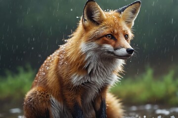 Fototapeta premium A Fox's Rainy Reprieve: Reflective Moment Amid Nature's Symphony