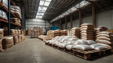 Forklift handling sugar bag for stuffing into container for export. Distribution, Logistics Import Export, Warehouse operation, Trading, Shipment, Delivery concept.