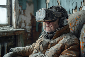 Elderly Man in VR Glasses in Old Apartment