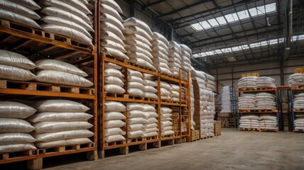 Forklift handling sugar bag for stuffing into container for export. Distribution, Logistics Import Export, Warehouse operation, Trading, Shipment, Delivery concept.