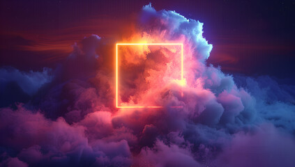 3d render, abstract minimal background with pink blue yellow neon light square frame with copy space, illuminated stormy clouds, glowing geometric shape