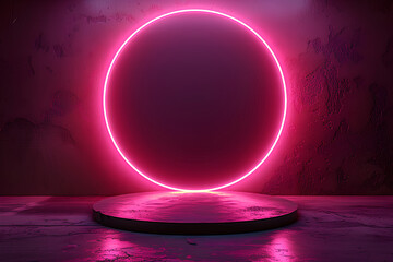 Pink neon light product background stage or podium pedestal on grunge street floor with glow...