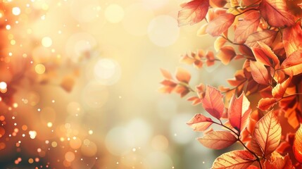 Fototapeta premium Autumn leaves under golden sunlight with soft bokeh background