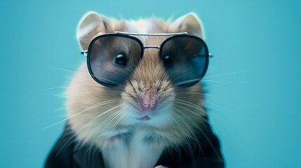small hamster in a sleek black suit and sunglasses, standing against a blue background with a playful and mischievous look