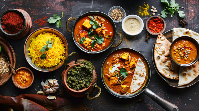 Top view of indian main course like shahi paneer roti dal with yellow rice on rustic background
