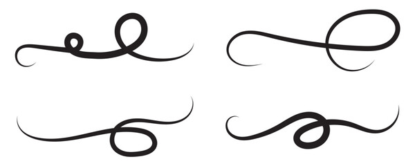 Set of Swoosh and swoop underline typography tails shape in flat styles. Brush drawn curved smear. Hand drawn curly swishes, swash, twiddle. Vectors calligraphy doodle swirl on white background.Vector