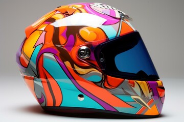 Fototapeta premium Vibrant full-face motorbike helmet with graphic print isolated on a white backdrop