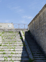  Hiers-Brouage in Charente-Maritime. Staircase of the Place du Commerce. Point of view on the bay and the port from which the traders monitored the loads of goods on the barges