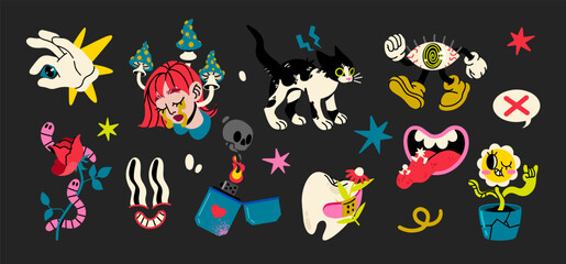 Vector Psychedelic collection cartoon sticker set. Retro faces smiling, a girl with mushrooms, a funny cat, a lighter, worms on a rose, a groovy daisy, a tooth, an eye with gloved hands.