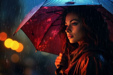 Young woman stands under a red umbrella, illuminated by streetlights, against a backdrop of rain and city lights