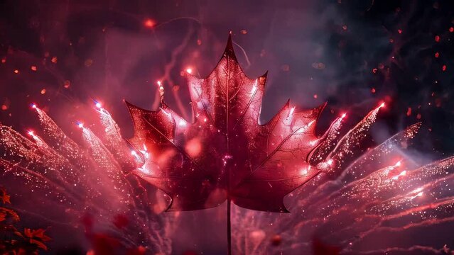 Maple red leaf with fireworks in the background. Canada Day Fireworks