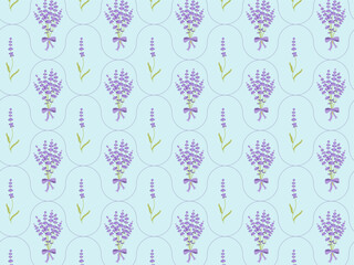Beautiful floral damask pattern with purple lavender on the blue background. Botanical textile garment wallpaper, print, design. Hand-drawn vector illustration.
