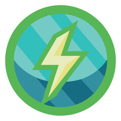 A cartoon dog wearing a halo, sitting on a blue background, Simple circle with zigzag pattern denoting sustainable power