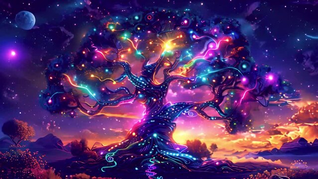 Colorful magic fantasy tree glowing lights. A giant ancient tree figure in a fantasy landscape filled with lights floating in the ambient. Camera movement advance. Digital painting and 3d rendering 4k