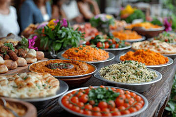Individuals from diverse backgrounds sharing traditional foods at a long table, each dish representing a different culture, with vibrant colors and textures creating a feast for th