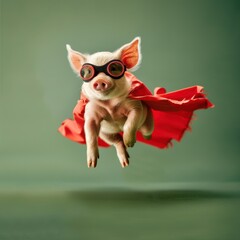 When pigs fly, isolated piglet with a cape cloak against a green background. Piglet is flying.
