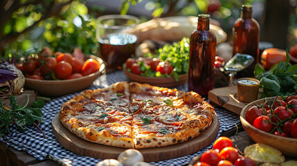 A pizza picnic on a checkered blanket, surrounded by drinks, salads and other picnic items