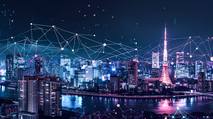 Digital cityscape with network connections and technology, Big data concept, digital city, edge computing