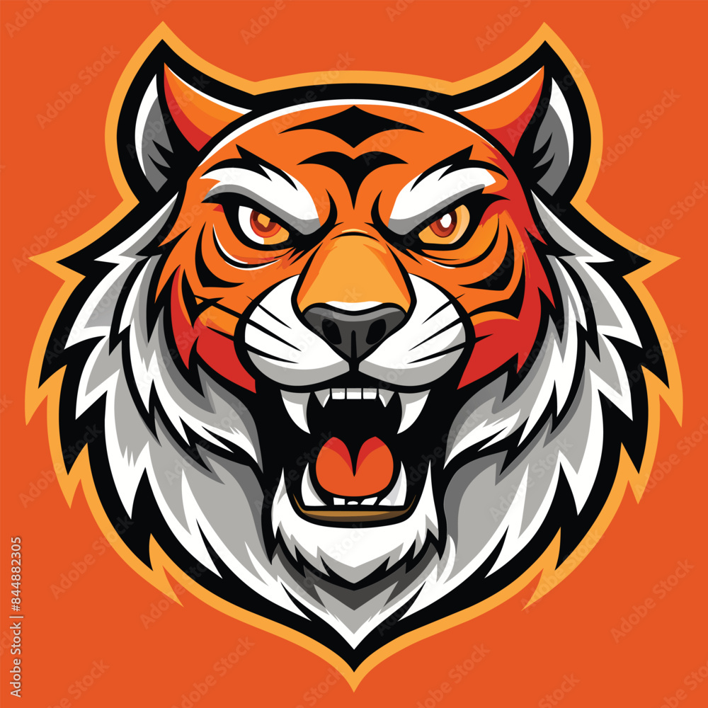 Poster a vector illustration of a simple, bold torch logo with a flaming torch and a sunburst, tiger animal