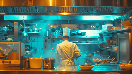 Obraz premium Backview of chef working alone in the kitchen, cooked and hotel industry concept