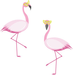 Fototapeta premium Two pink flamingos in sunglasses stand on one leg with the other raised. Cute pink flamingos with glasses