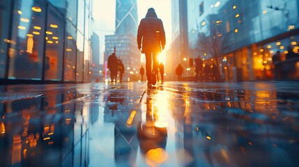 Close-Up of Modern Urban City Walk and Skyline with Ample White Space Highlighting Business and Finance Themes