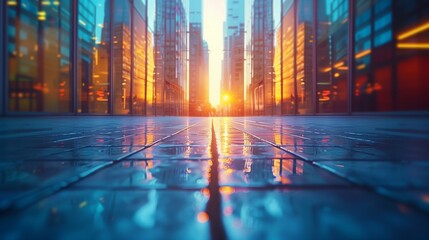 Close-Up of Modern Urban City Walk and Skyline with Ample White Space Highlighting Business and Finance Themes