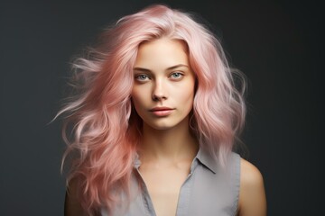 Fototapeta premium Stunning portrait of a young woman with trendy pastel pink hair and a neutral expression