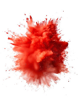 Explosion of red powder, red dust splashing with smoke on transparent background