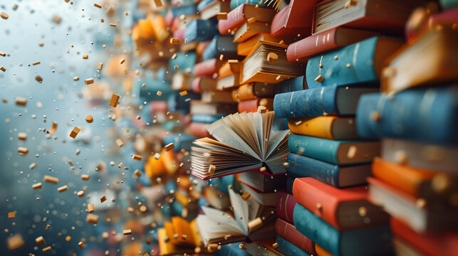 Colorful hardcover books flying on white background