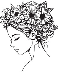 Stylish, minimalistic picture, bohe style, composed of soft black lines, isolated, attractive lady, flowers in hair