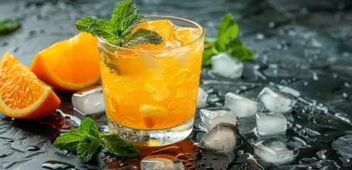 Refreshing Orange Cocktail With Mint Garnish and Ice Cubes on Black Surface