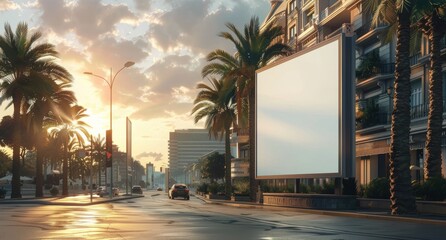 Naklejka premium Empty Billboard on a City Street With Palm Trees at Sunset