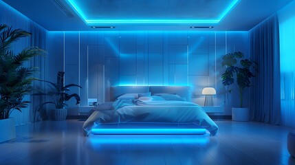 a futuristic bedroom equipped with AI-driven sleep optimization technology, ensuring personalized sleep tracking and ambient adjustments for restful nights. Realistic HD