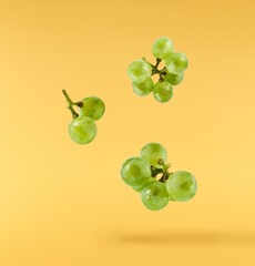 Fresh green grape falling in the air isolated on yellow background. High resolution image.