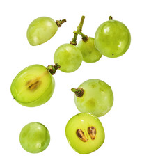 Fresh green grape falling in the air isolated on white background. High resolution image.