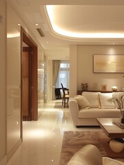 A modern living room with a white couch, a coffee table, and a chair. The room is well lit and has a clean, minimalist design