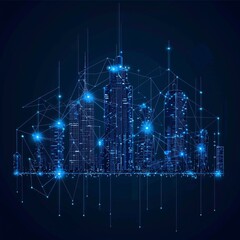 Obraz premium Wi-Fi smart city or network. Low poly wireframe. Building automation with computer board illustration. Isolated on a dark blue background. Plexus points and lines. Wireless smart city or network