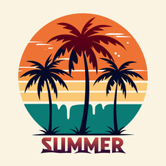 elegant style palm trees, vector, t-shirt design, summer, paint dripping sunset vector art illustration