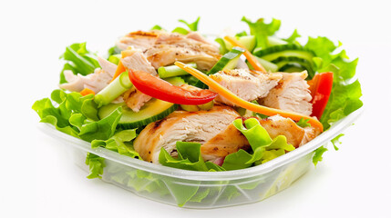 Plate of fresh chicken salad with veggies isolated on white background 