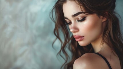 Naklejka premium A woman with long brown hair and a black bra, AI