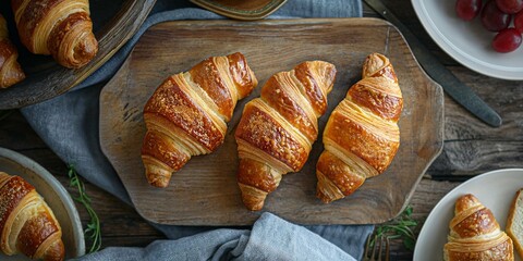 Freshly baked croissants placed on a wooden cutting board beside plates of vibrant fruit slices.
