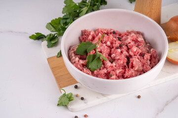 Raw fresh uncooked minced pork, beef, lamb meat