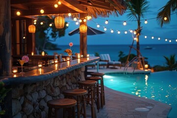 Tropical Bar Patio With Wicker Stools and Tile Backsplash