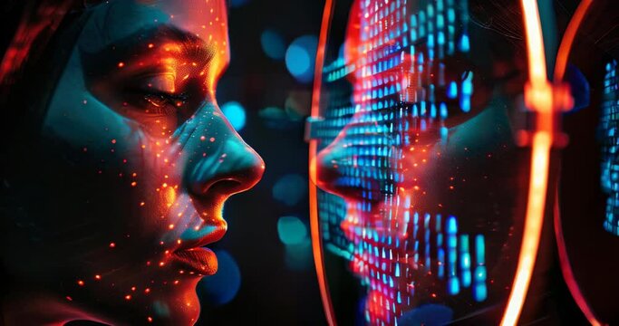 Mirror with human face and data-derived twin represents personal dimension of data in contemporary lives. Data mining visualization