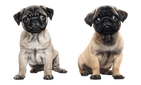 Two puppies sitting side-by-side, their big round eyes and wrinkled faces full of innocent curiosity.