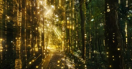 Enchanted forest with data streams illustrates the fusion of nature and technology in data mining. Data mining visualization